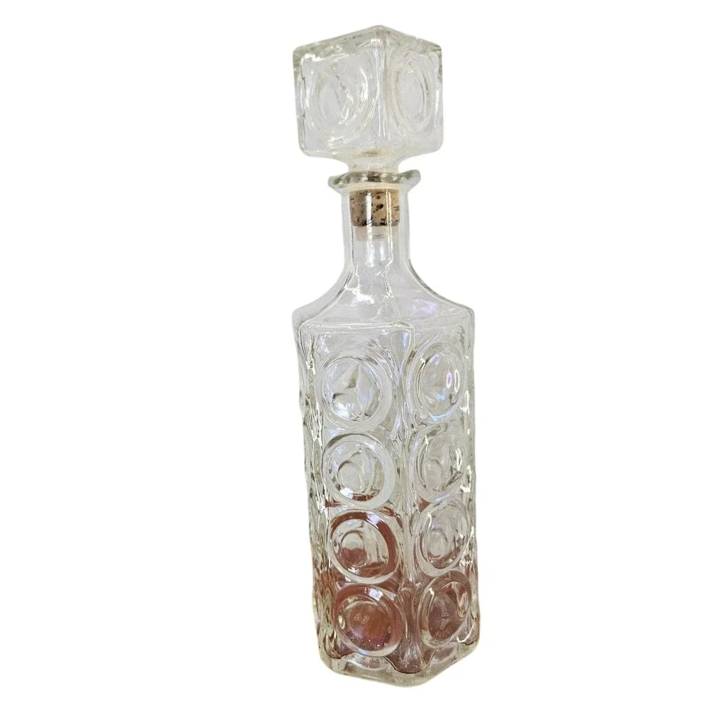 Glass Decanter Square‎ Stopper Textured Circles Clear Iridescent Barware Vtg
